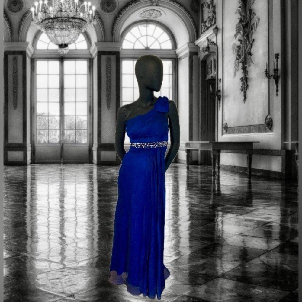 Long Royal blue one-shoulder Dress with rhinestones.
Fully lined